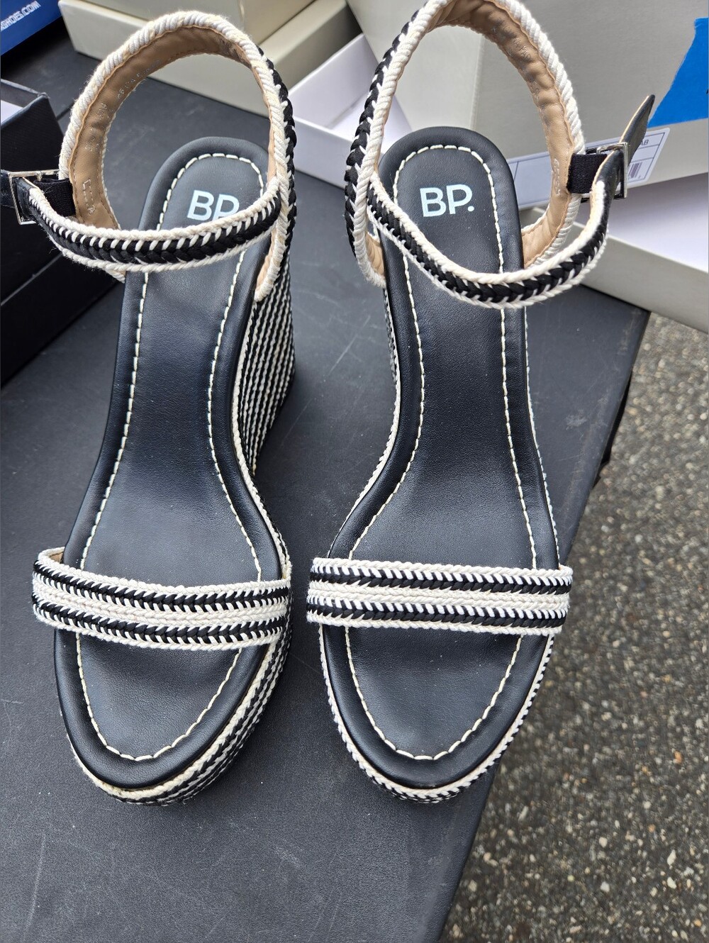 bp Black and Cream Woven Wedge Sandals